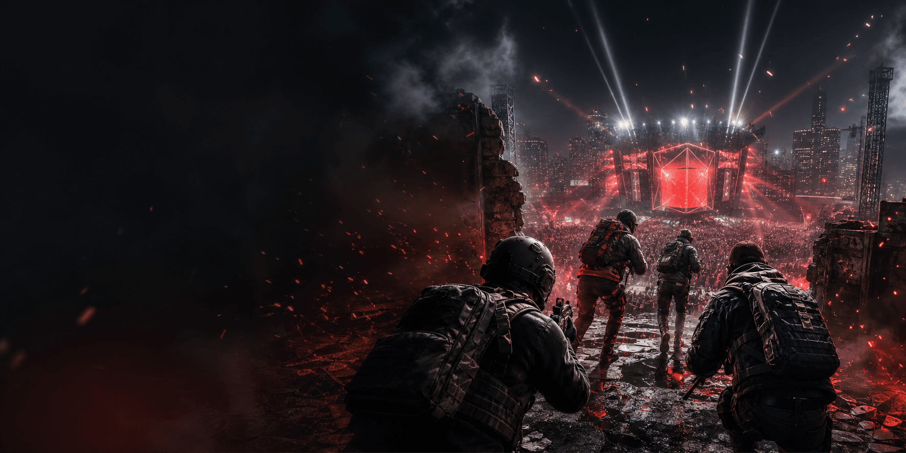 A four-player esports squad entering a live arena competition